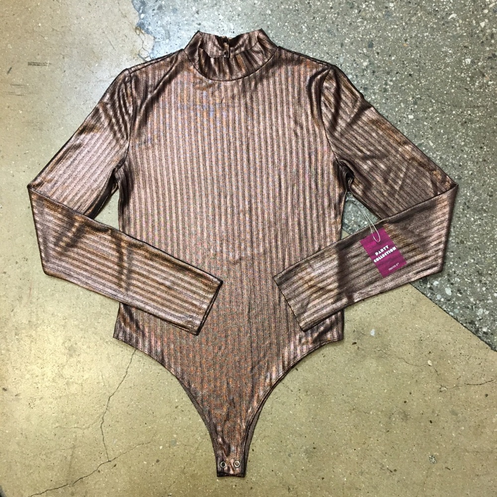 Metallic copper ribbed longsleeve bodysuit